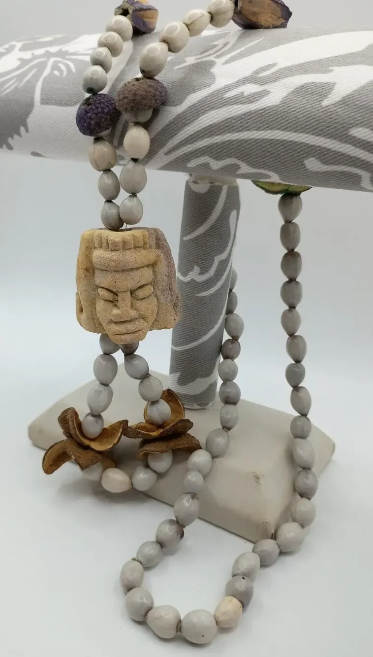 Vintage Mayan Carved Stone & Seed Pod Necklace